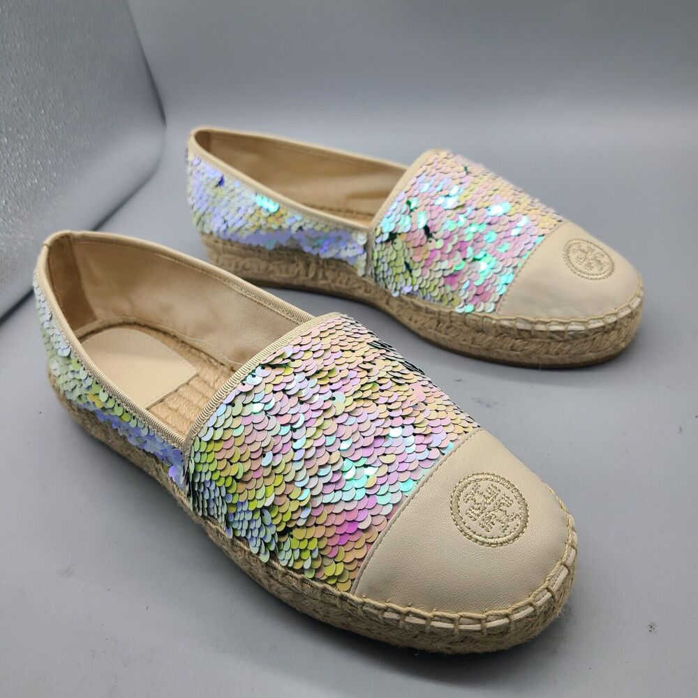 Tory Burch women flats sz 10 sequin espadrilles  ivory green logo new - Picture 2 of 13